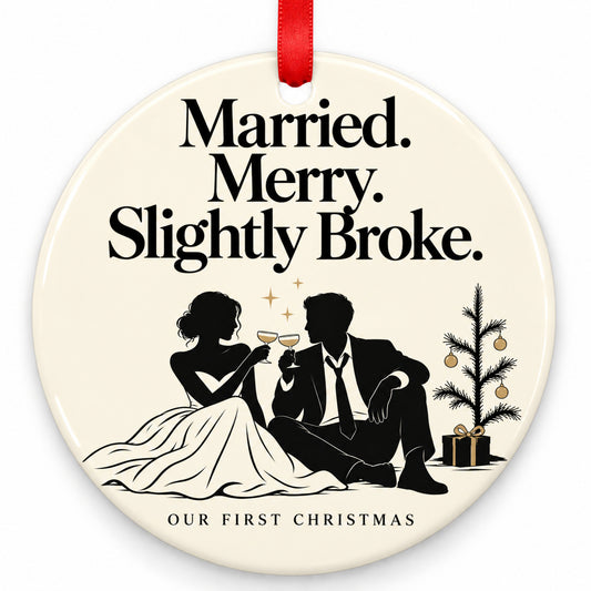 Married Merry Slightly Broke Wedding Christmas Ornament with red hanging ribbon