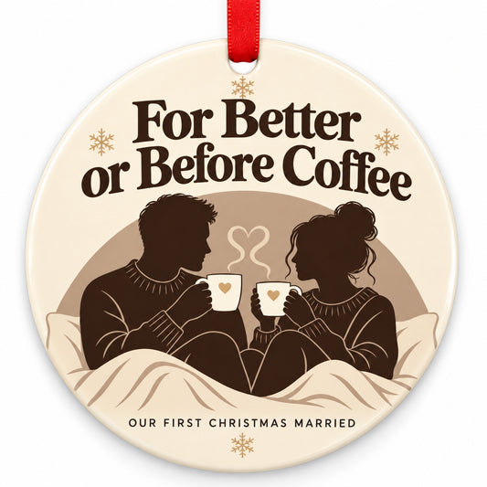 For Better or Before Coffee Wedding Christmas Ornament with red hanging ribbon