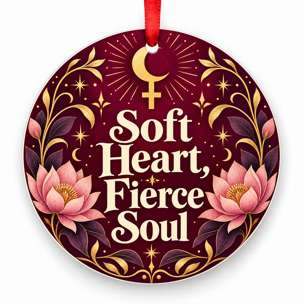 Soft Heart, Fierce Soul porcelain Christmas ornament with red ribbon