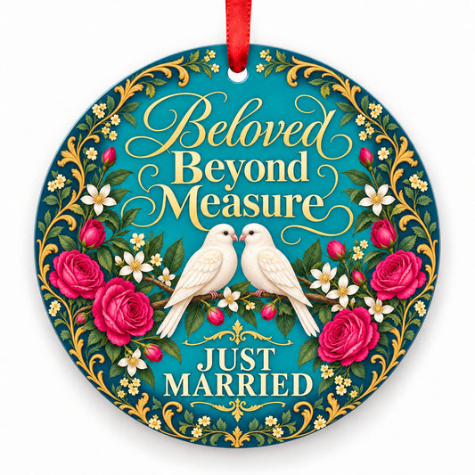Beloved Beyond Measure porcelain Christmas ornament with red ribbon