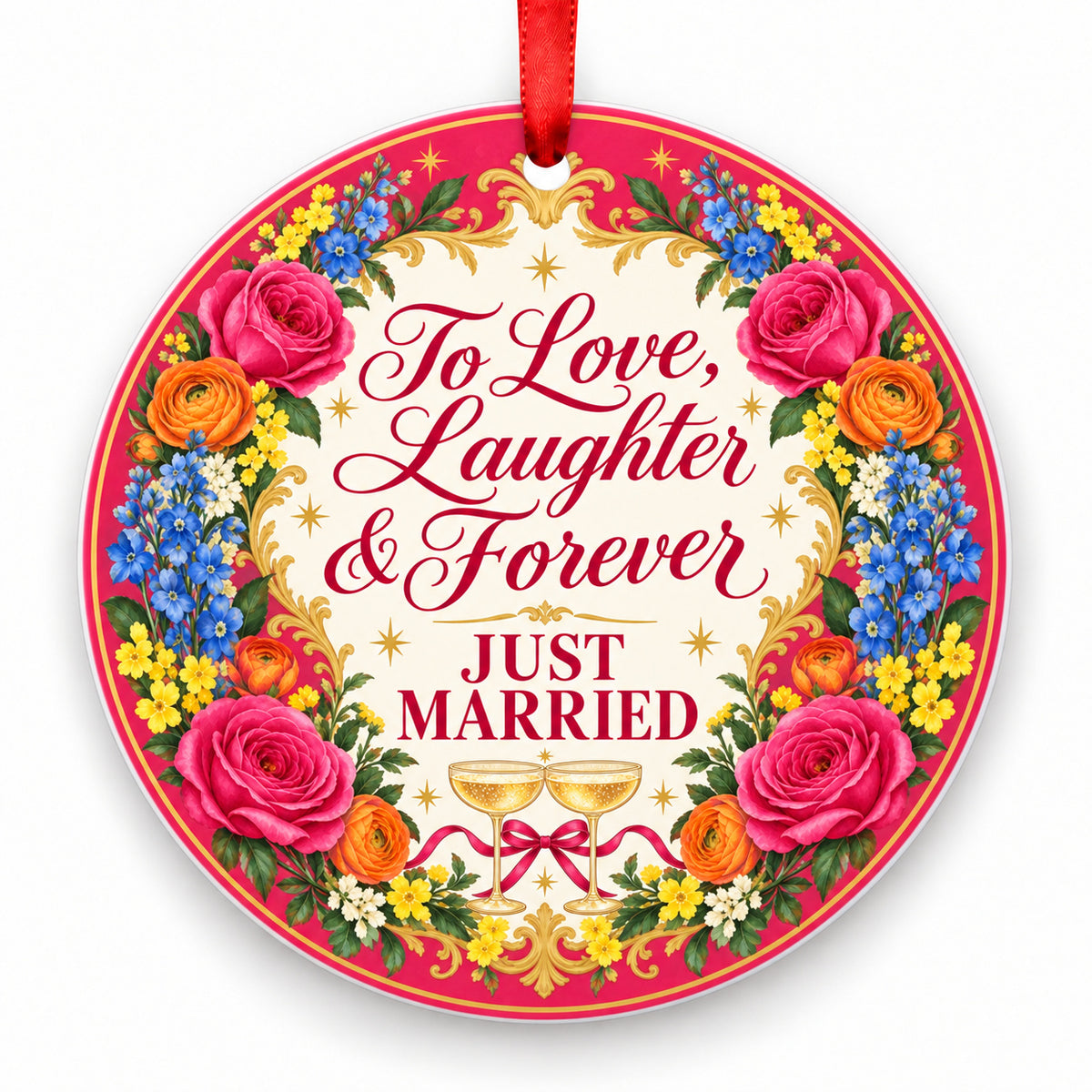 To Love, Laughter & Forever porcelain Christmas ornament with red ribbon