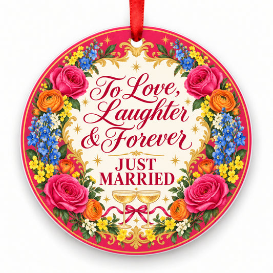 To Love, Laughter & Forever porcelain Christmas ornament with red ribbon