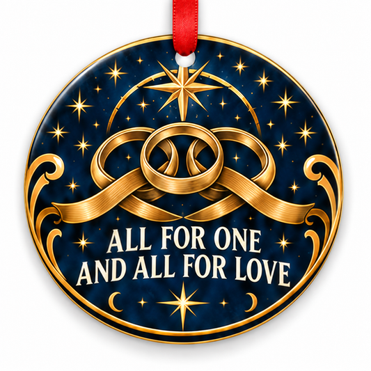 All for One & All for Love Celestial Ribbon Rings Ornament with red hanging ribbon