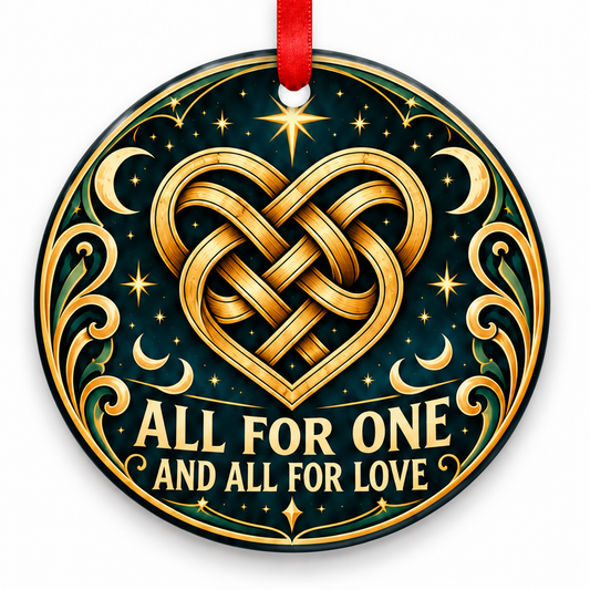 All for One & All for Love Eternal Knot Heart Ornament with red hanging ribbon