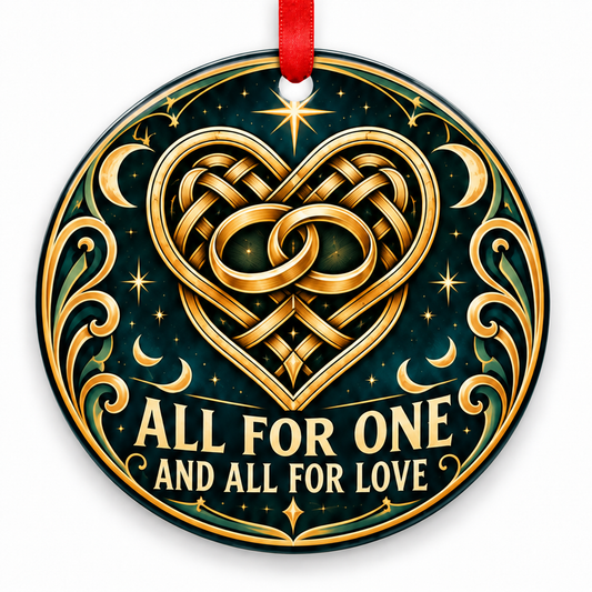 All for One & All for Love Eternal Knot Rings Ornament with red hanging ribbon