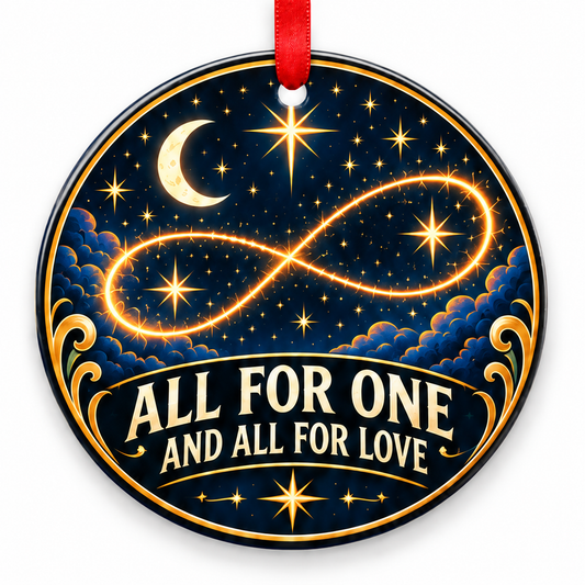 All for One & All for Love Infinity Orbit Ornament with red hanging ribbon