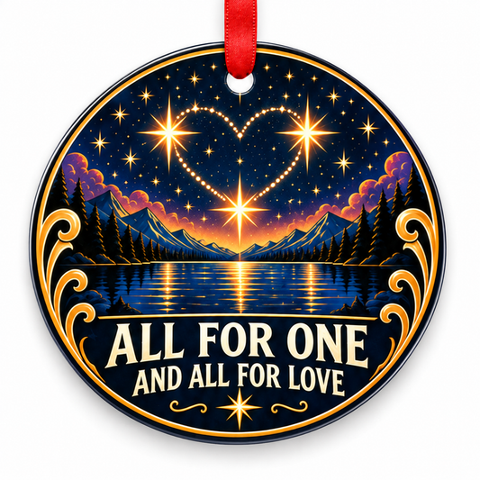 All for One & All for Love Mountain Constellation Ornament with red hanging ribbon