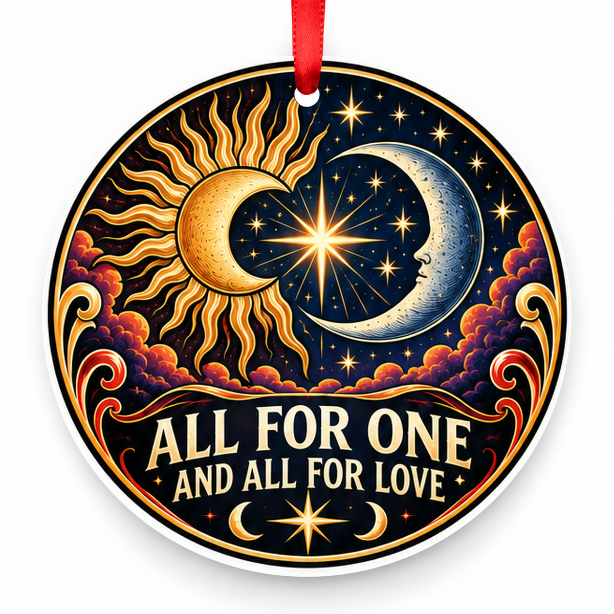 All for One and All for Love Christmas Ornament with red hanging ribbon