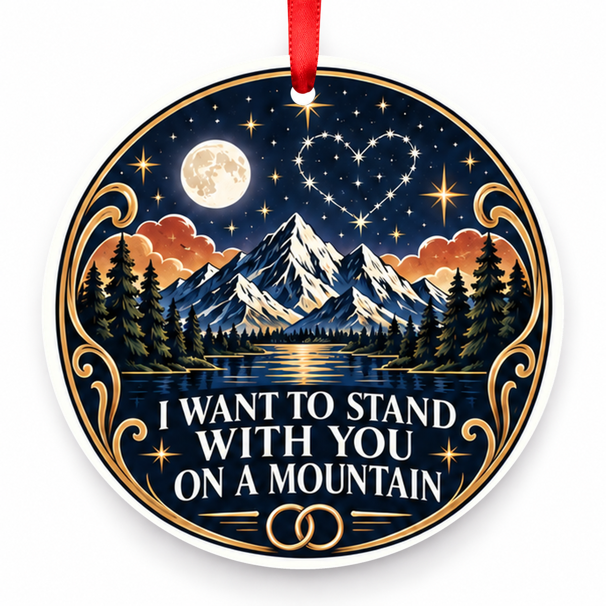 I Want to Stand with You on a Mountain Christmas Ornament – Celestial with red hanging ribbon