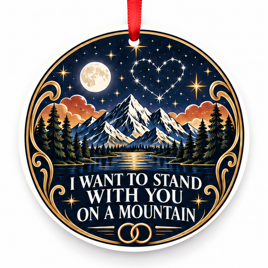 I Want to Stand with You on a Mountain Christmas Ornament – Celestial with red hanging ribbon