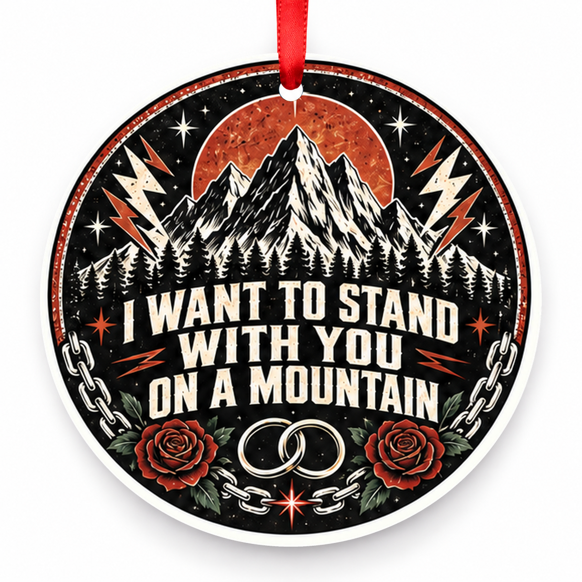 I Want to Stand with You on a Mountain Christmas Ornament – Rock with red hanging ribbon