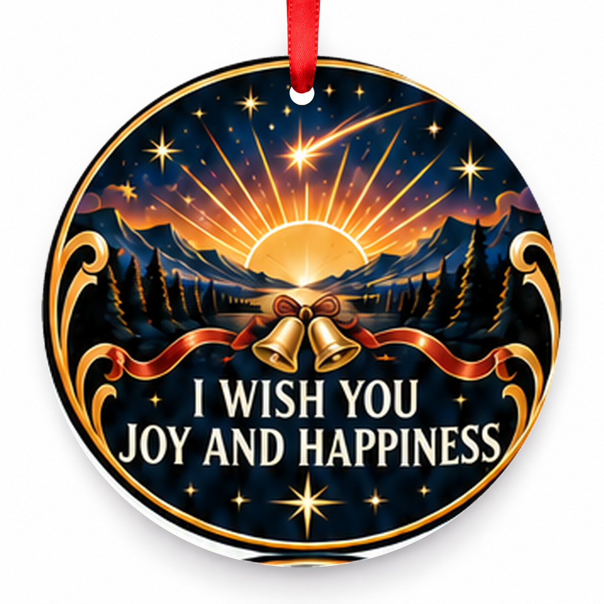 I Wish You Joy and Happiness Christmas Ornament with red hanging ribbon