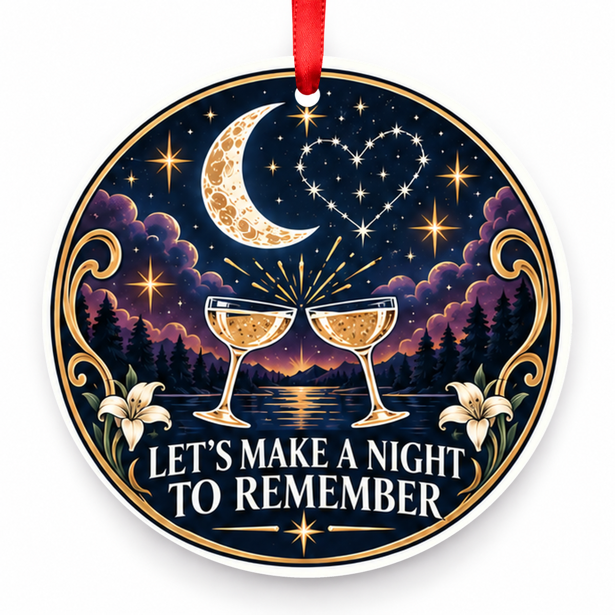 Let's Make a Night to Remember Christmas Ornament – Celestial with red hanging ribbon