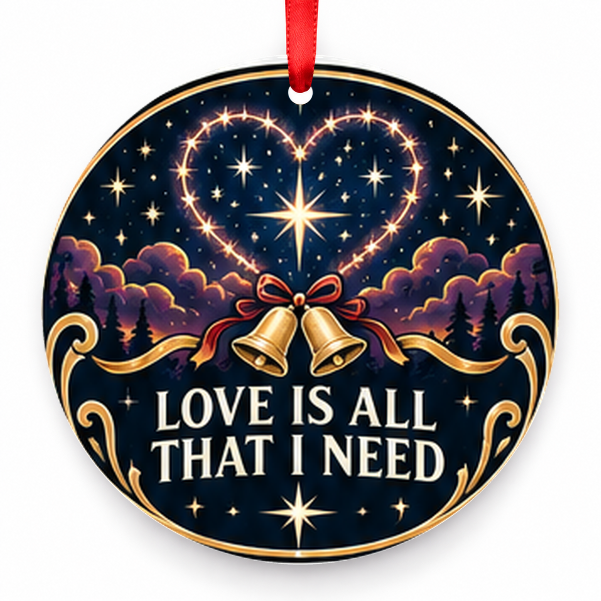 Love is All That I Need Christmas Ornament with red hanging ribbon