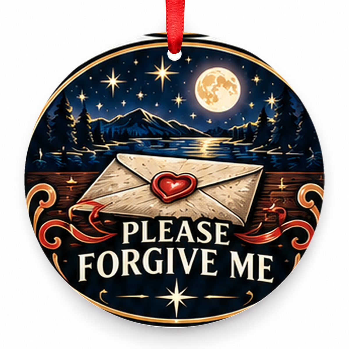 Please Forgive Me Christmas Ornament with red hanging ribbon