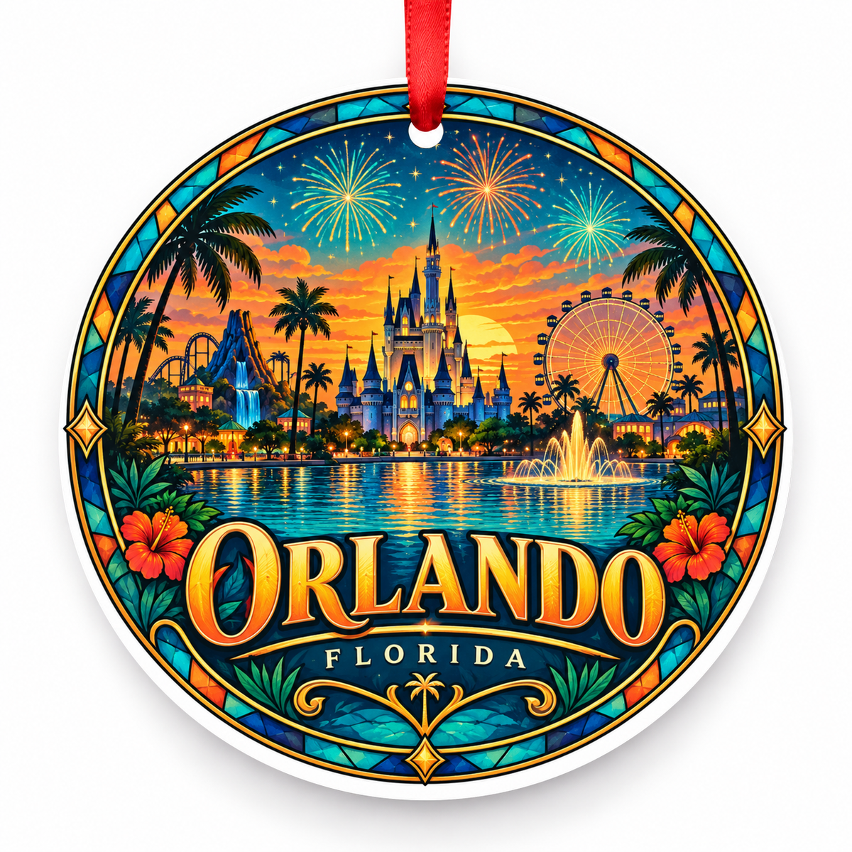 Orlando, Florida porcelain travel Christmas ornament with red ribbon