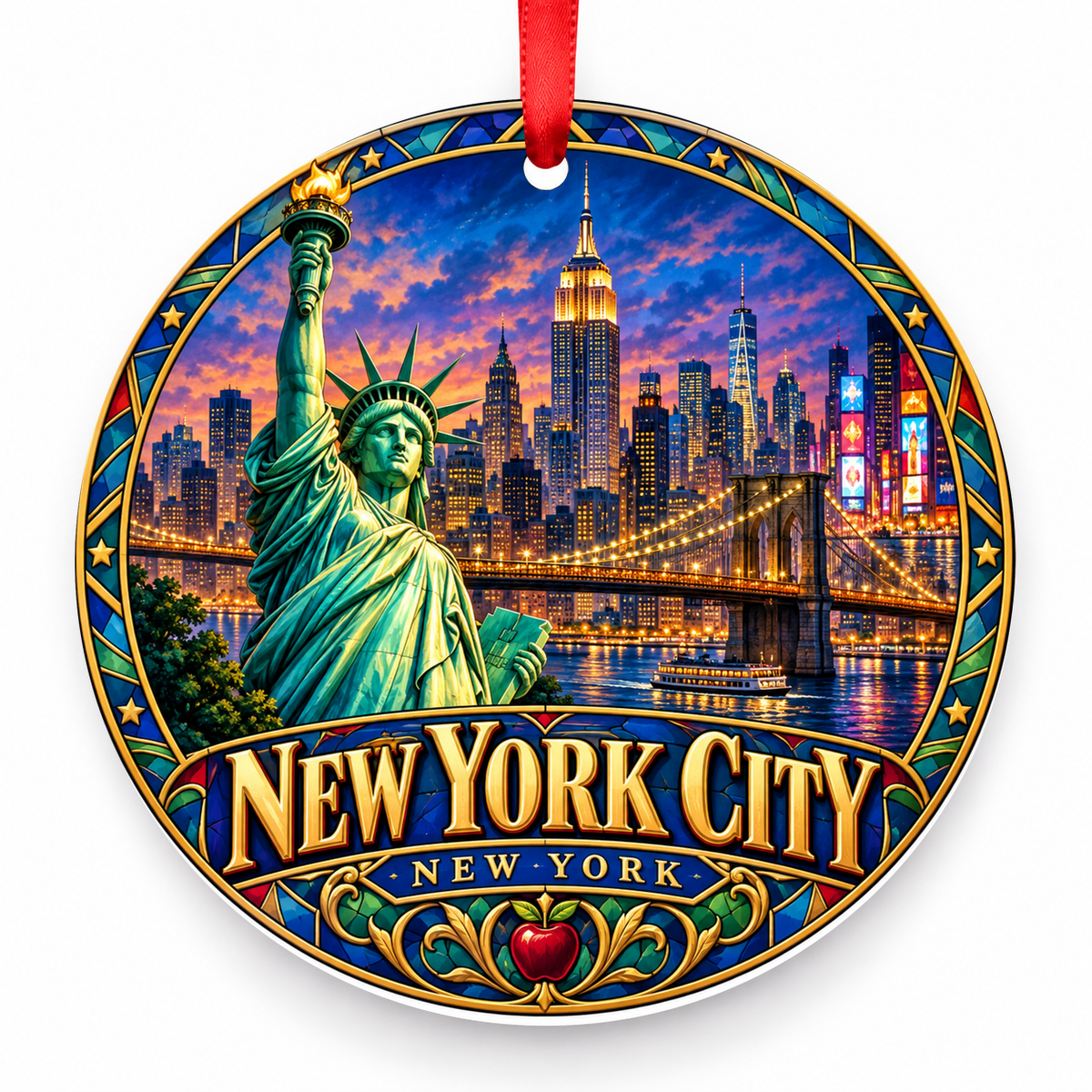 New York City, New York porcelain travel Christmas ornament with red ribbon