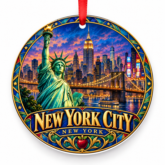 New York City, New York porcelain travel Christmas ornament with red ribbon