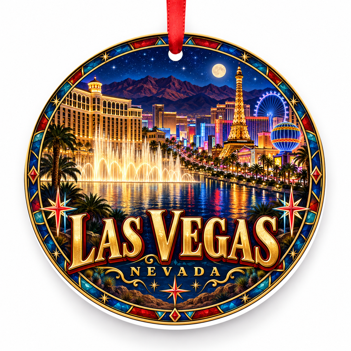 Las Vegas, Nevada porcelain travel Christmas ornament with red ribbon