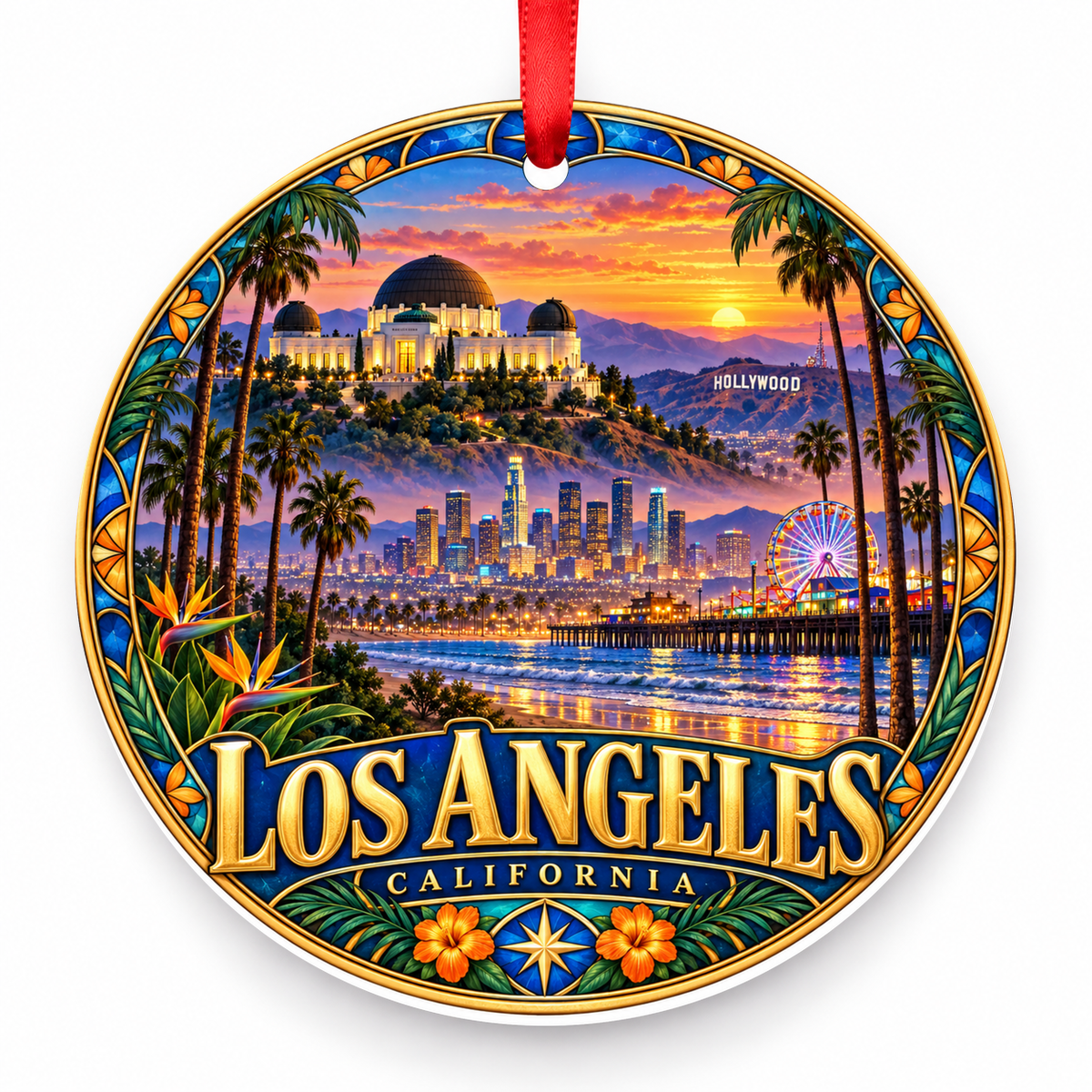 Los Angeles, California porcelain travel Christmas ornament with red ribbon