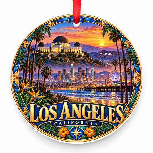 Los Angeles, California porcelain travel Christmas ornament with red ribbon