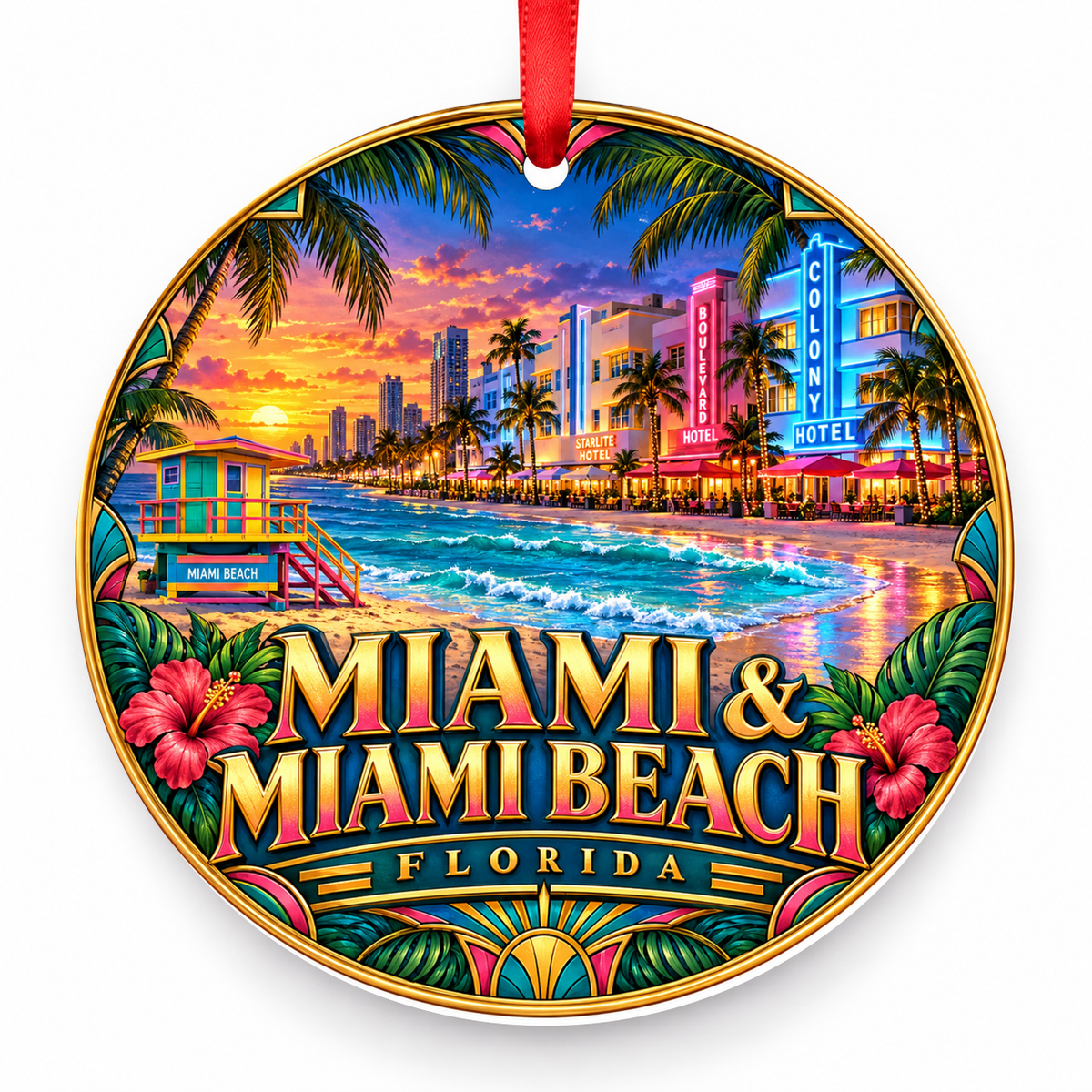Miami and Miami Beach, Florida porcelain travel Christmas ornament with red ribbon
