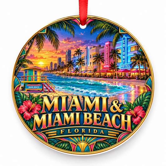 Miami and Miami Beach, Florida porcelain travel Christmas ornament with red ribbon