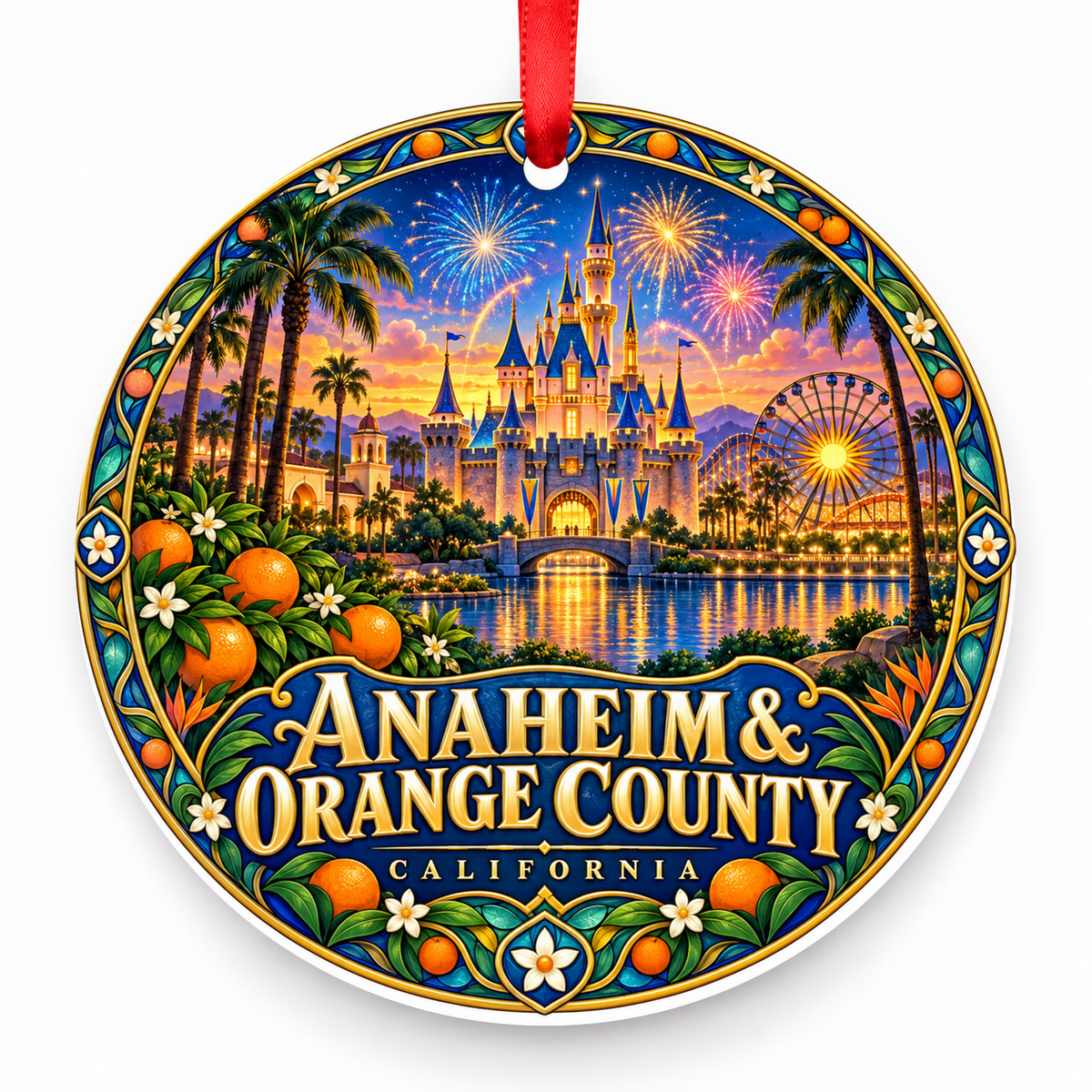 Anaheim and Orange County, California porcelain travel Christmas ornament with red ribbon