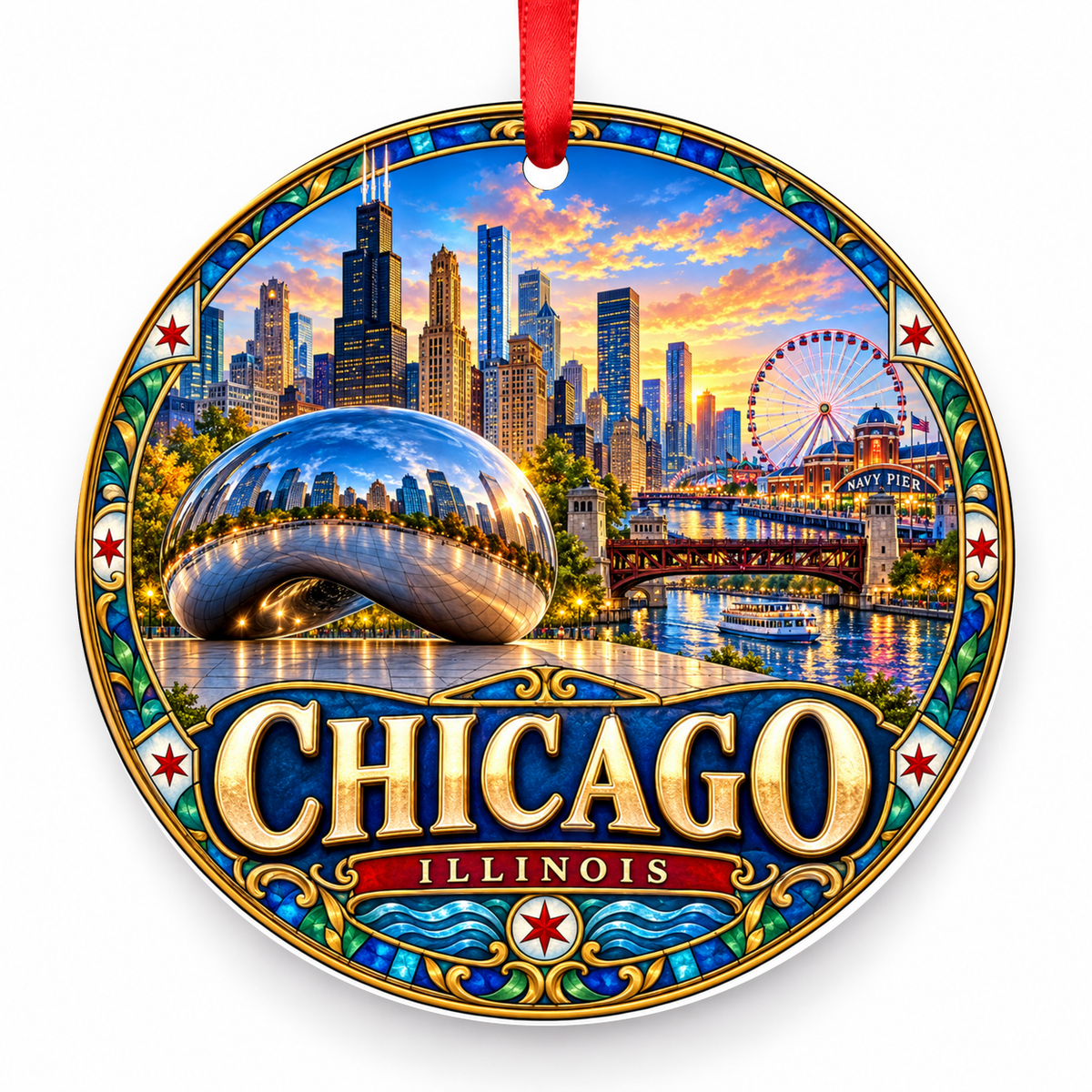 Chicago, Illinois porcelain travel Christmas ornament with red ribbon