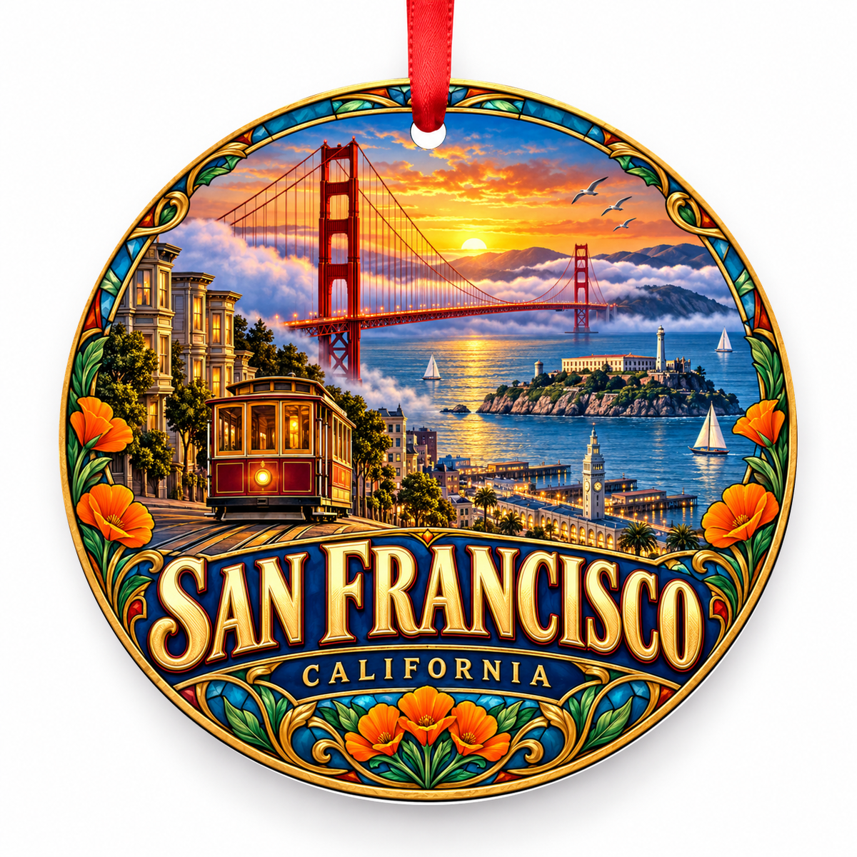 San Francisco, California porcelain travel Christmas ornament with red ribbon