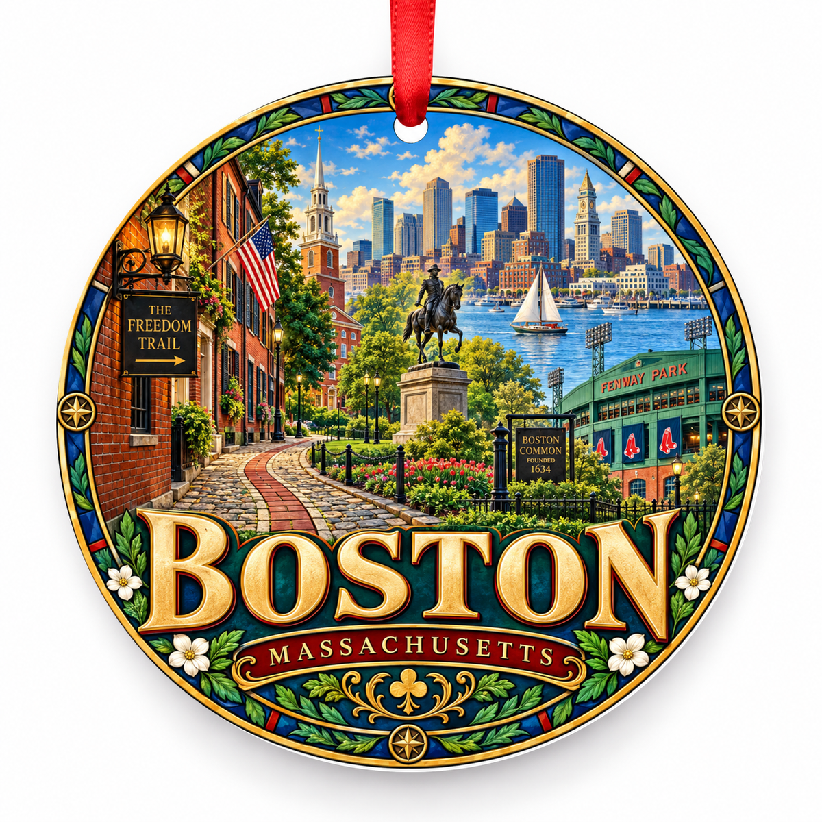 Boston, Massachusetts porcelain travel Christmas ornament with red ribbon