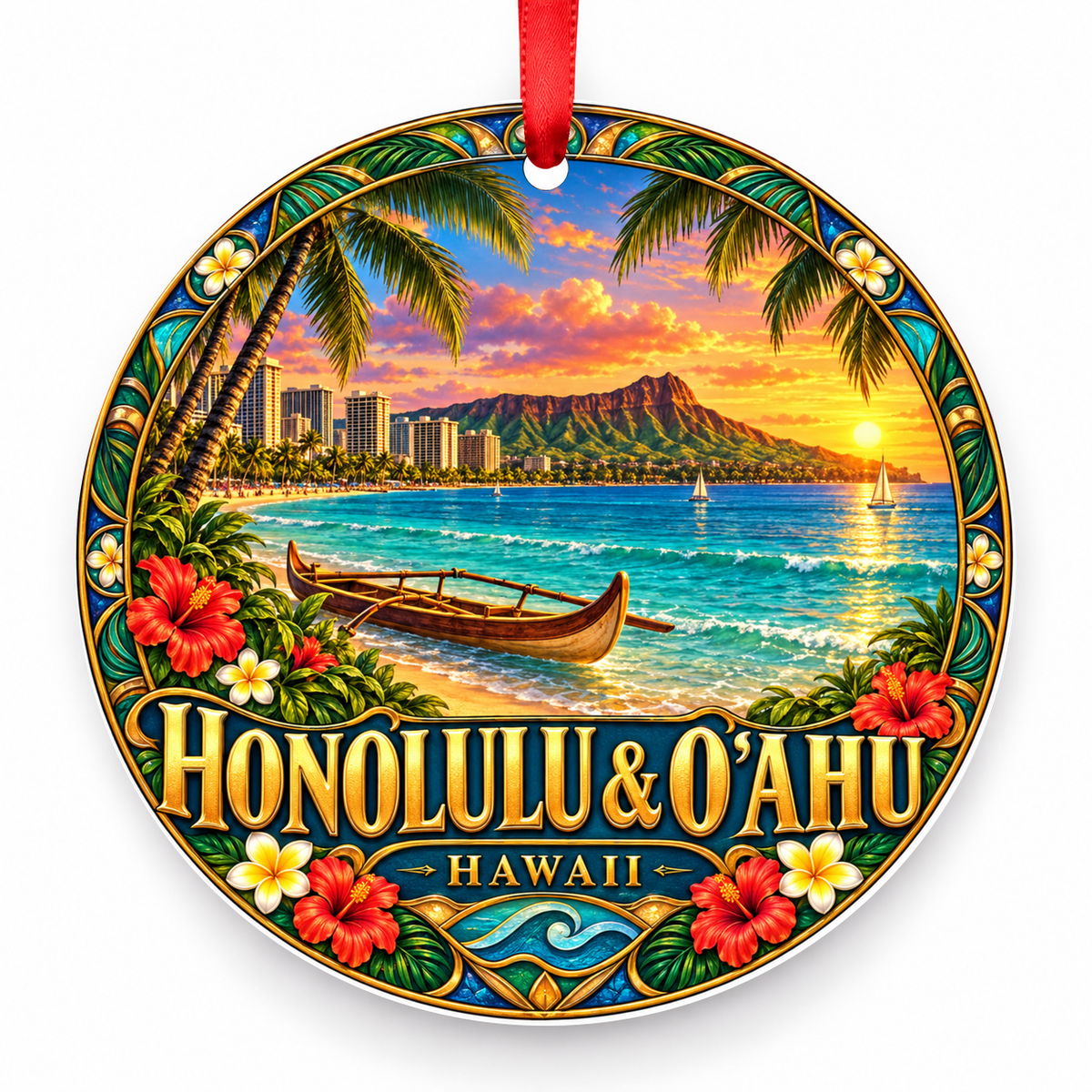 Honolulu and Oʻahu, Hawaii porcelain Christmas ornament
