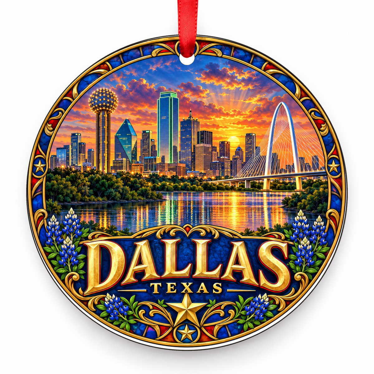 Dallas, Texas Retro Travel Christmas Ornament with red hanging ribbon