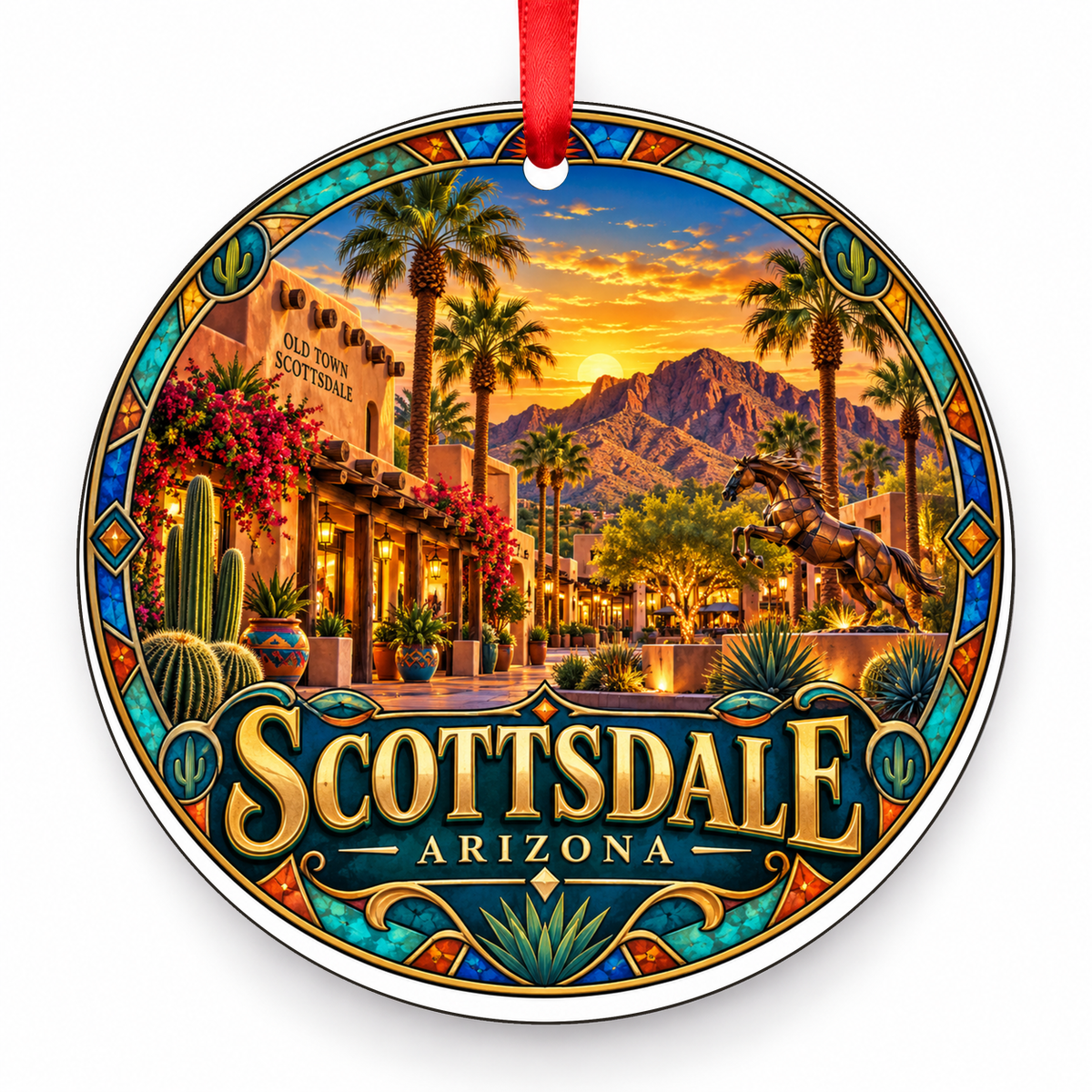 Scottsdale, Arizona Retro Travel Christmas Ornament with red hanging ribbon