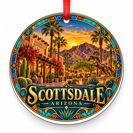 Scottsdale, Arizona Retro Travel Christmas Ornament with red hanging ribbon