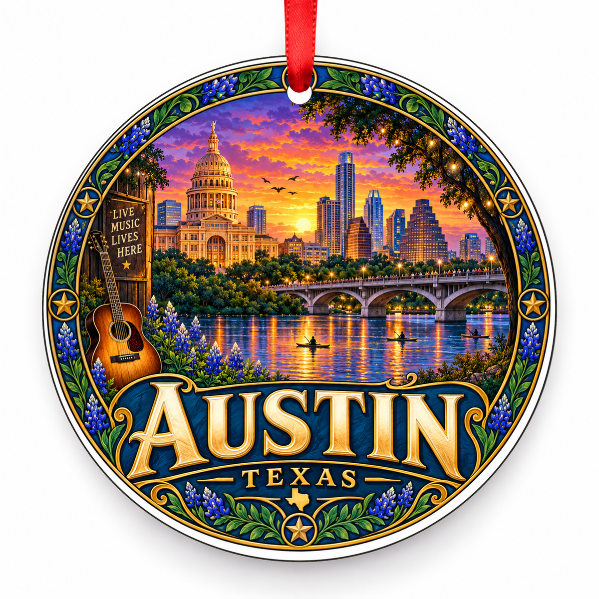 Austin, Texas Retro Travel Christmas Ornament with red hanging ribbon