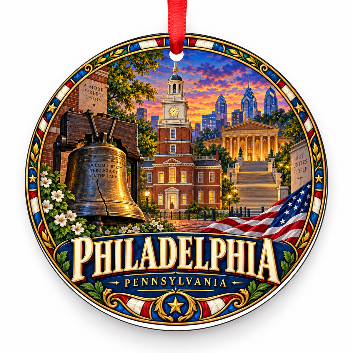 Philadelphia, Pennsylvania Retro Travel Christmas Ornament with red hanging ribbon