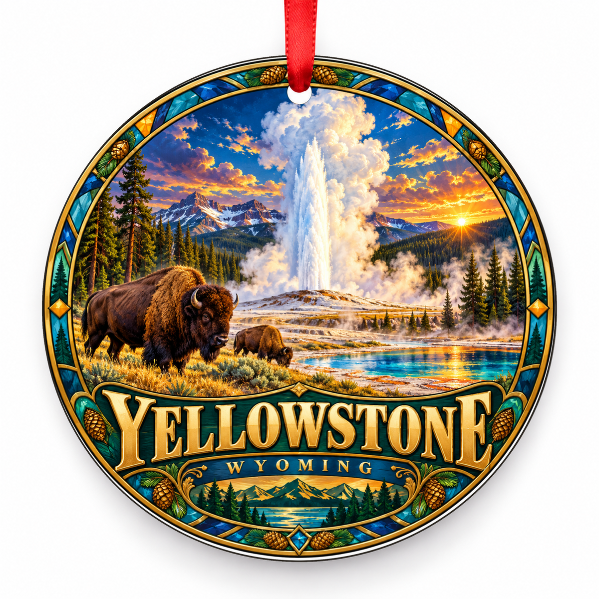 Yellowstone, Wyoming Retro Travel Christmas Ornament with red hanging ribbon