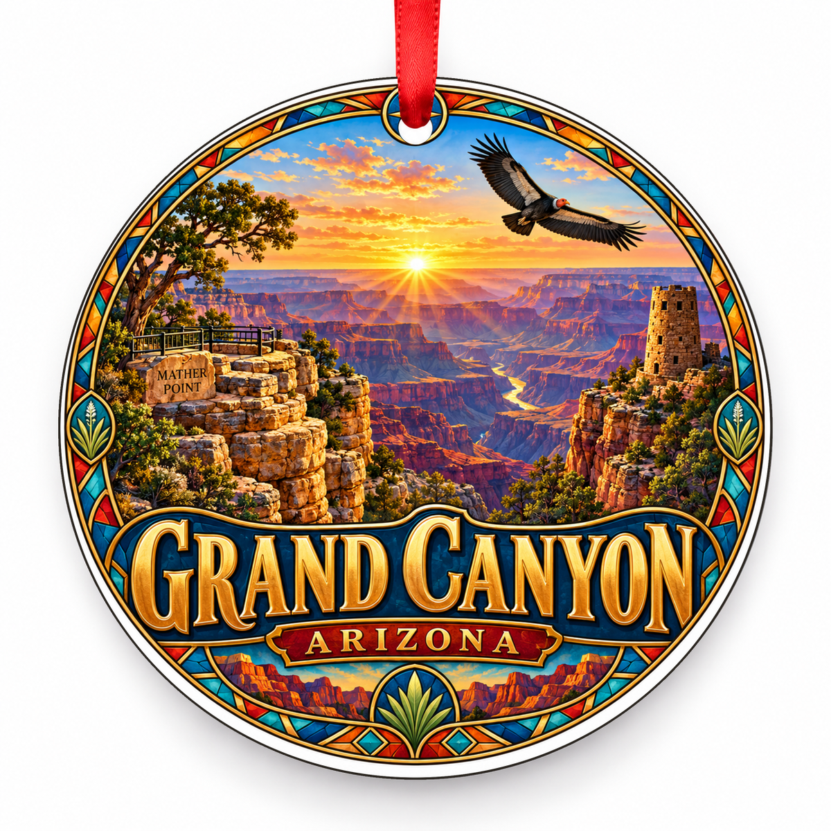 Grand Canyon, Arizona Retro Travel Christmas Ornament with red hanging ribbon