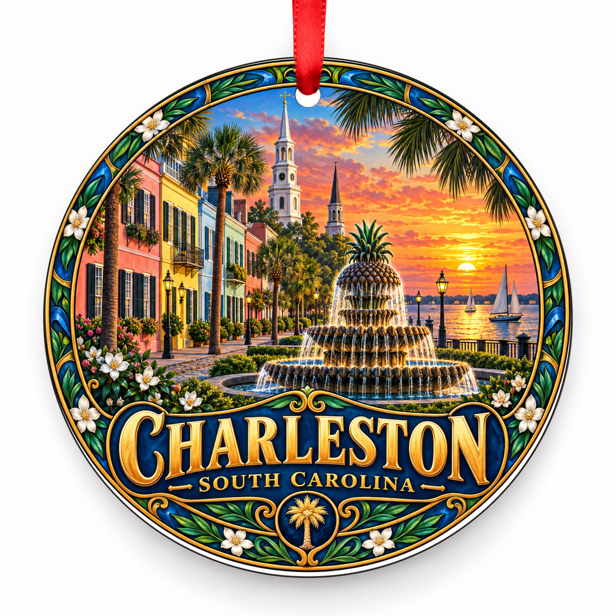 Charleston, South Carolina Retro Travel Christmas Ornament with red hanging ribbon