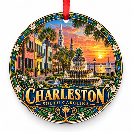 Charleston, South Carolina Retro Travel Christmas Ornament with red hanging ribbon