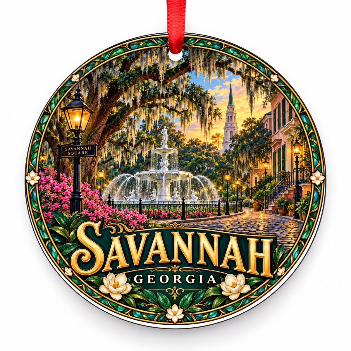 Savannah, Georgia Retro Travel Christmas Ornament with red hanging ribbon
