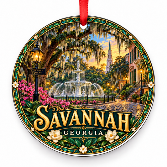 Savannah, Georgia Retro Travel Christmas Ornament with red hanging ribbon