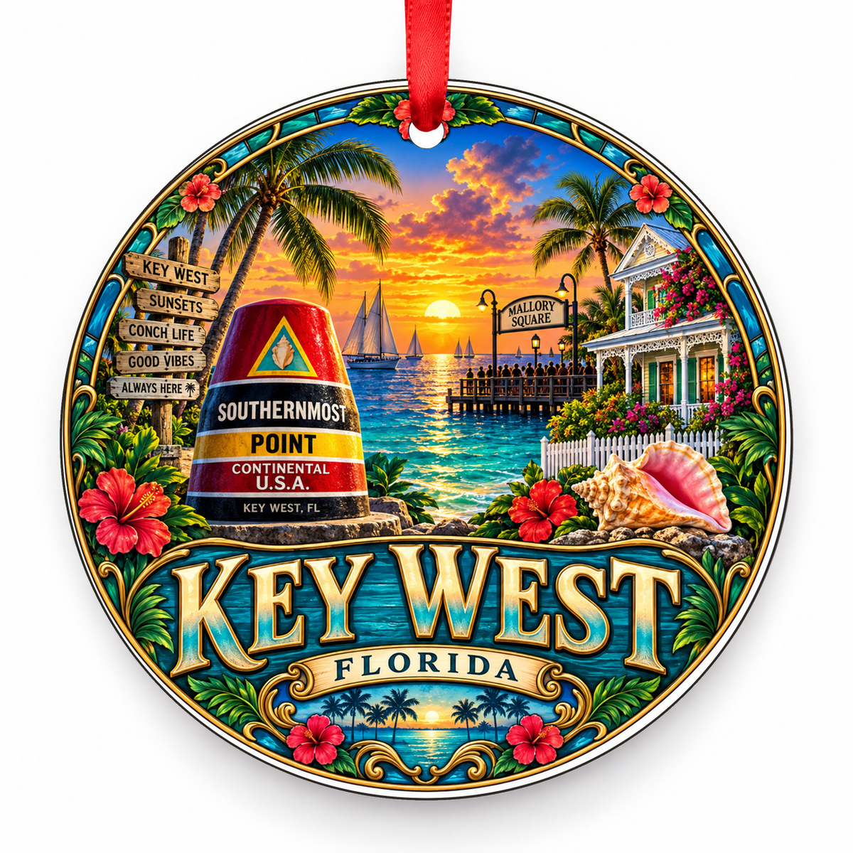 Key West, Florida Retro Travel Christmas Ornament with red hanging ribbon