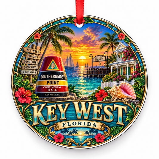 Key West, Florida Retro Travel Christmas Ornament with red hanging ribbon