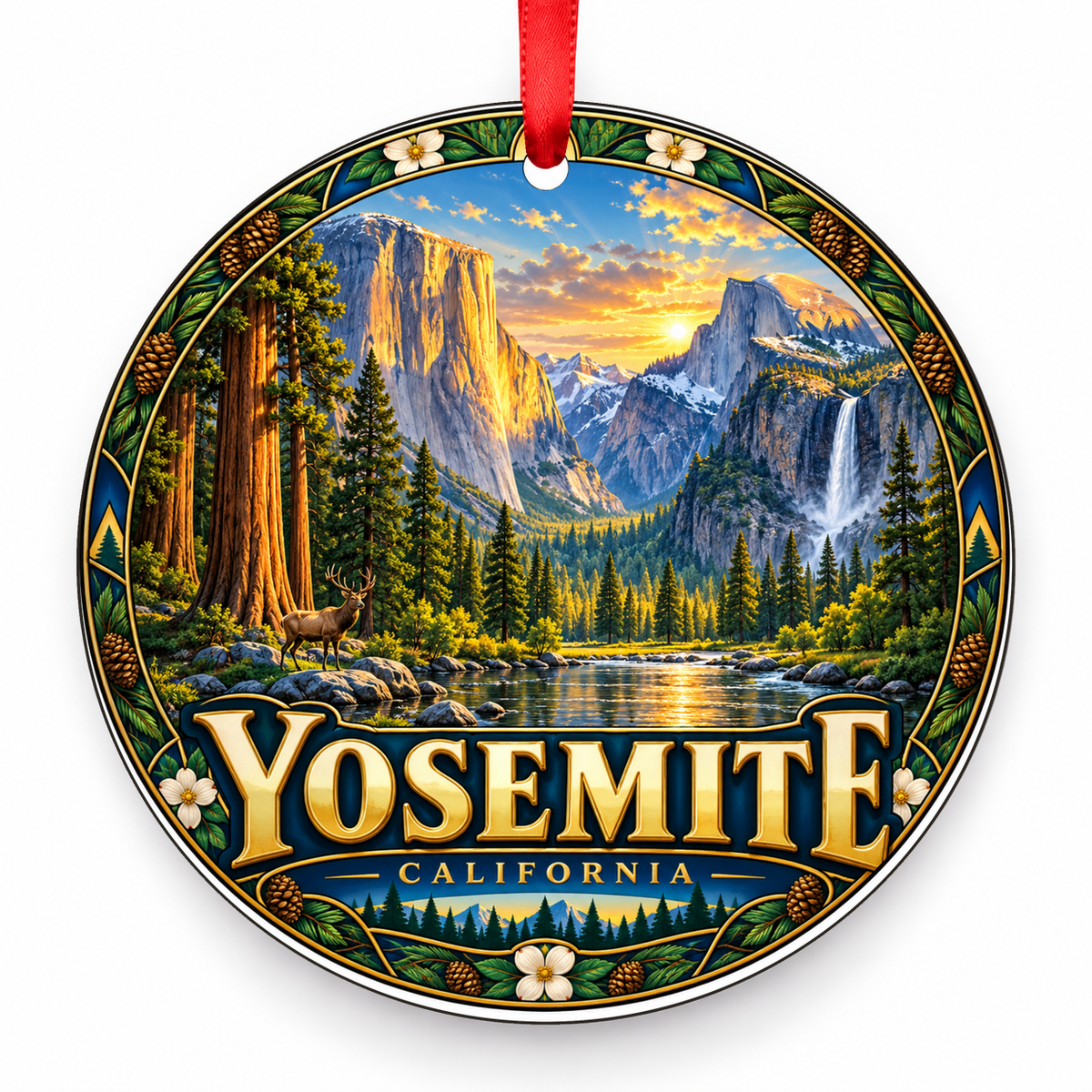 Yosemite, California Retro Travel Christmas Ornament with red hanging ribbon
