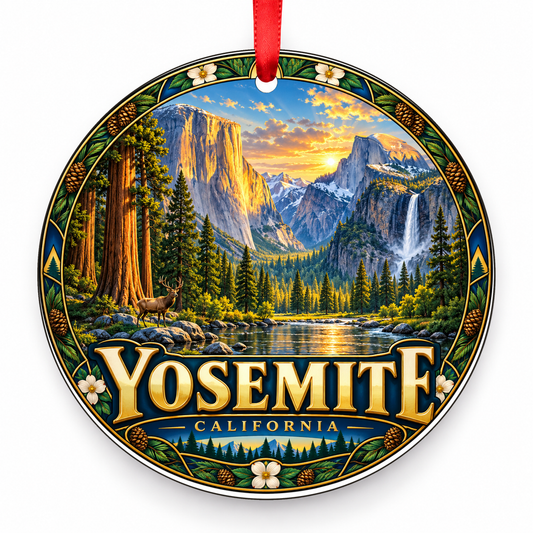 Yosemite, California Retro Travel Christmas Ornament with red hanging ribbon