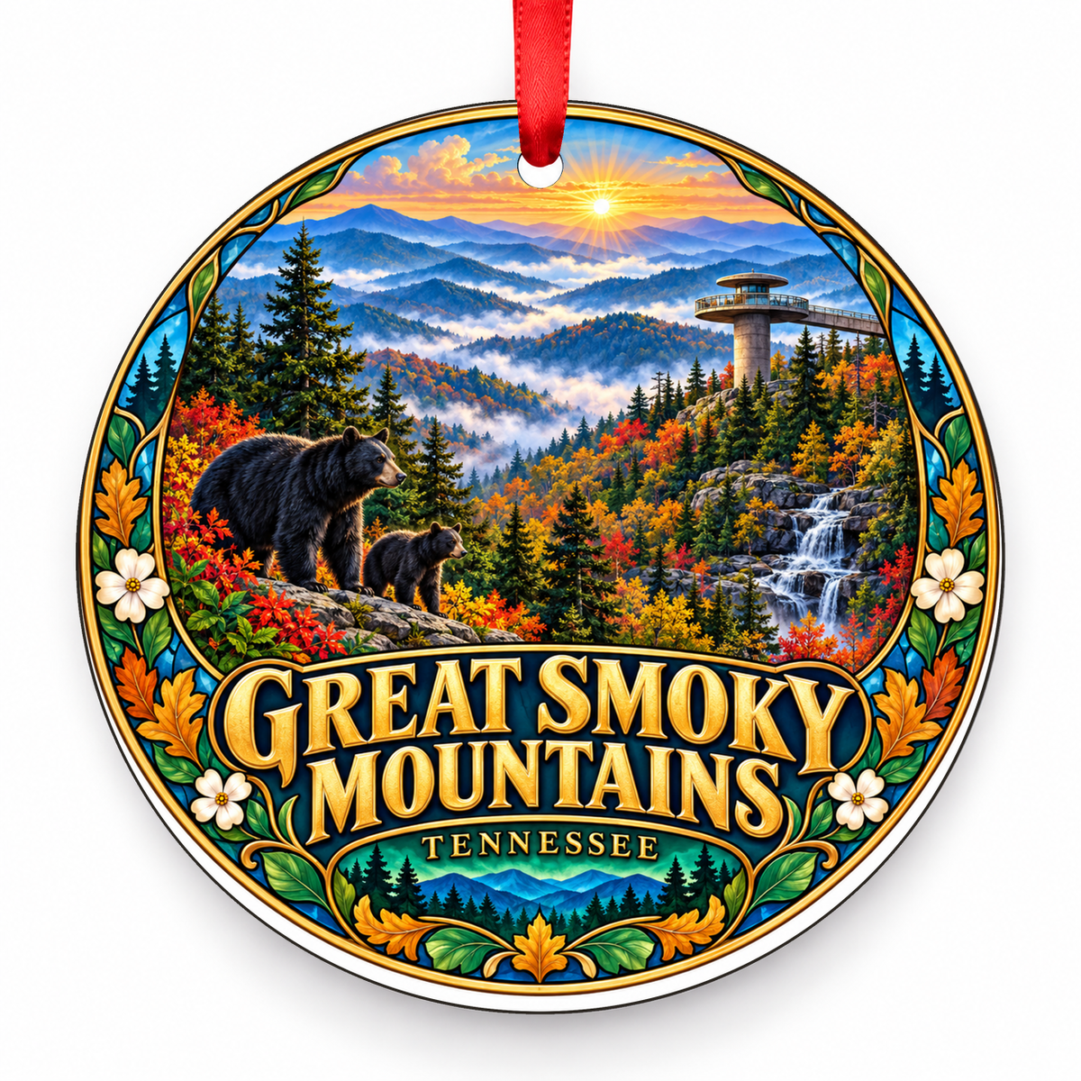 Great Smoky Mountains, Tennessee Retro Travel Christmas Ornament with red hanging ribbon