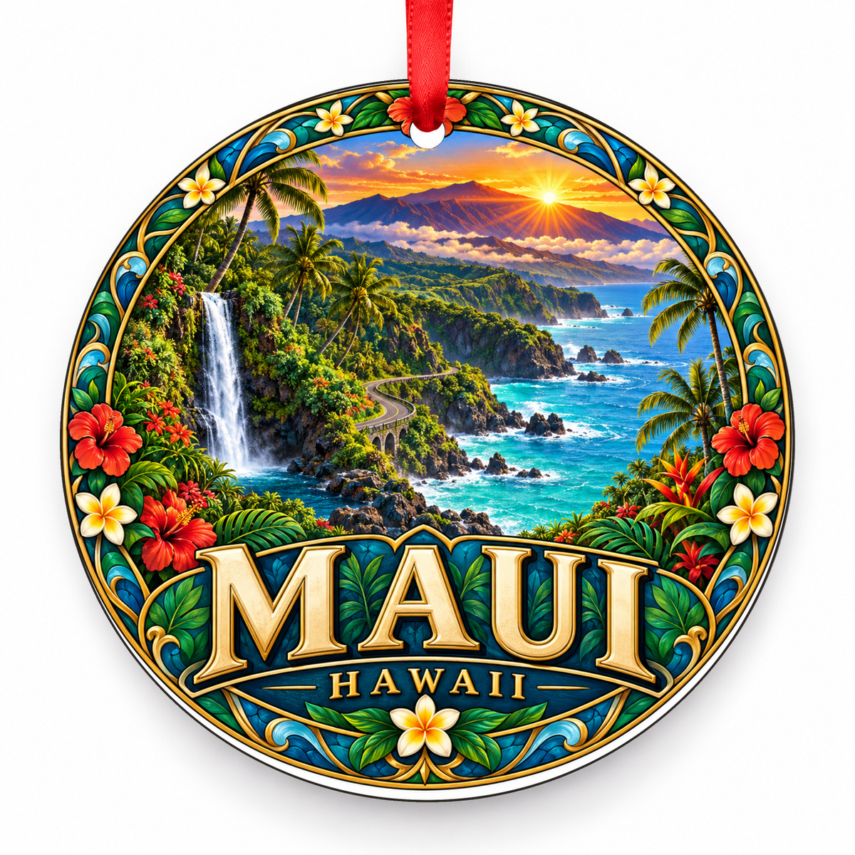 Maui, Hawaii Retro Travel Christmas Ornament with red hanging ribbon