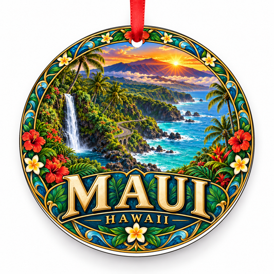 Maui, Hawaii Retro Travel Christmas Ornament with red hanging ribbon
